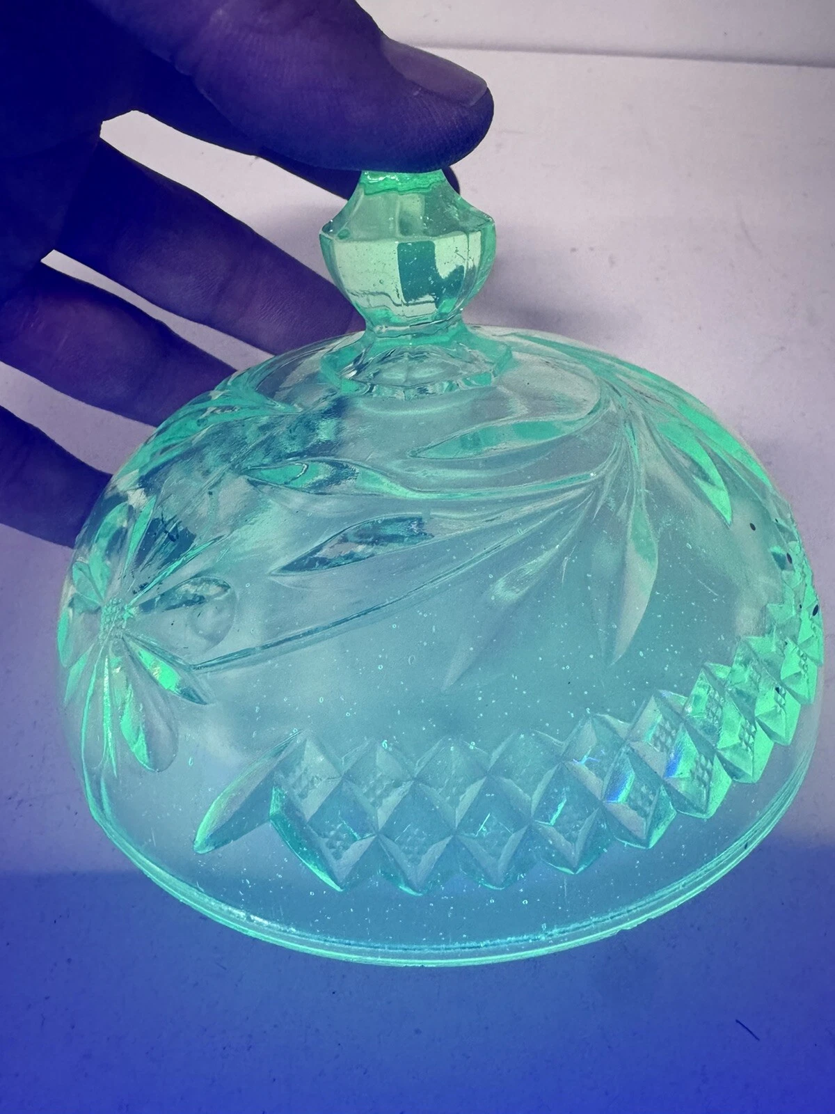 VTG US Glass FLORAL & DIAMOND BAND GREEN 5" BUTTER DISH COVER ONLY BH