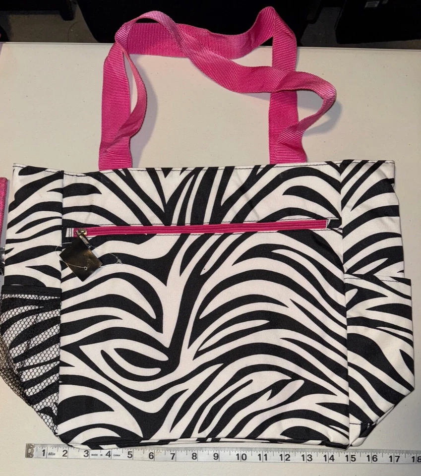 Bolso de Mano de Lona Cebra con Correas para el Hombro Negro Blanco y Rosa NUEVO
