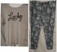 Lucky Brand Blue Pajama Set Long Paisley Pant Short Sleeve Top Small 42" BUST