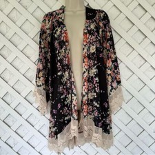 umgee-Floral  Lace Trim Boho Oversized Open front Kimono Cardigan Sz M/L