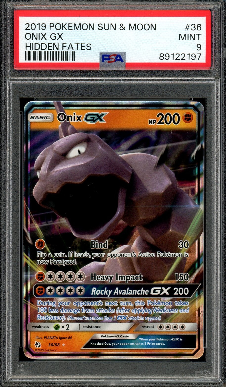 PSA 9 Mint Onix GX S&M Hidden Fates 36/68 Pokemon Card