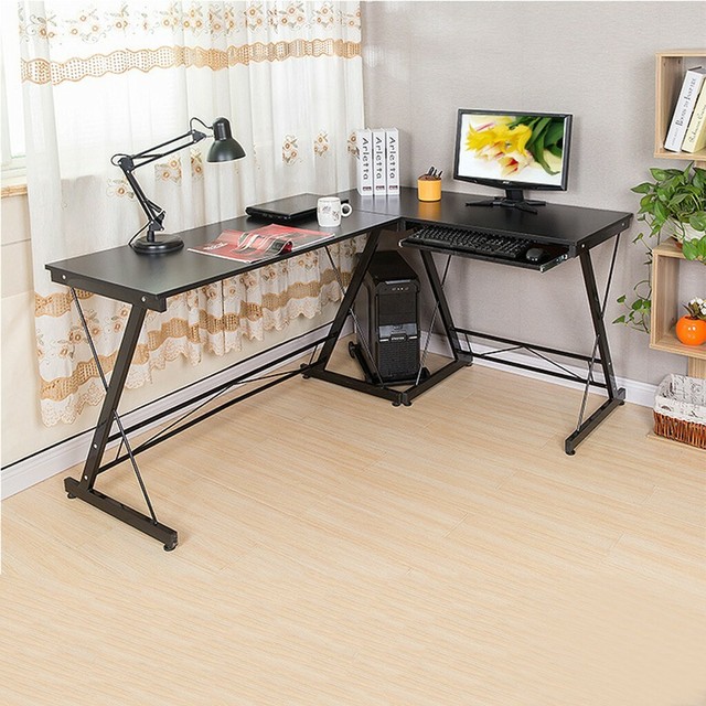 Corner Computer Desk Pull Out Keyboard Tray Office Table L Shaped