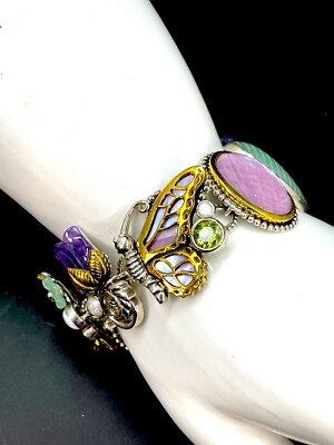 DESIGNER ''DREAM'' BRONZE 925 STERLING AMETHYST PEARL BUTTERFLY TOGGLE BRACELET