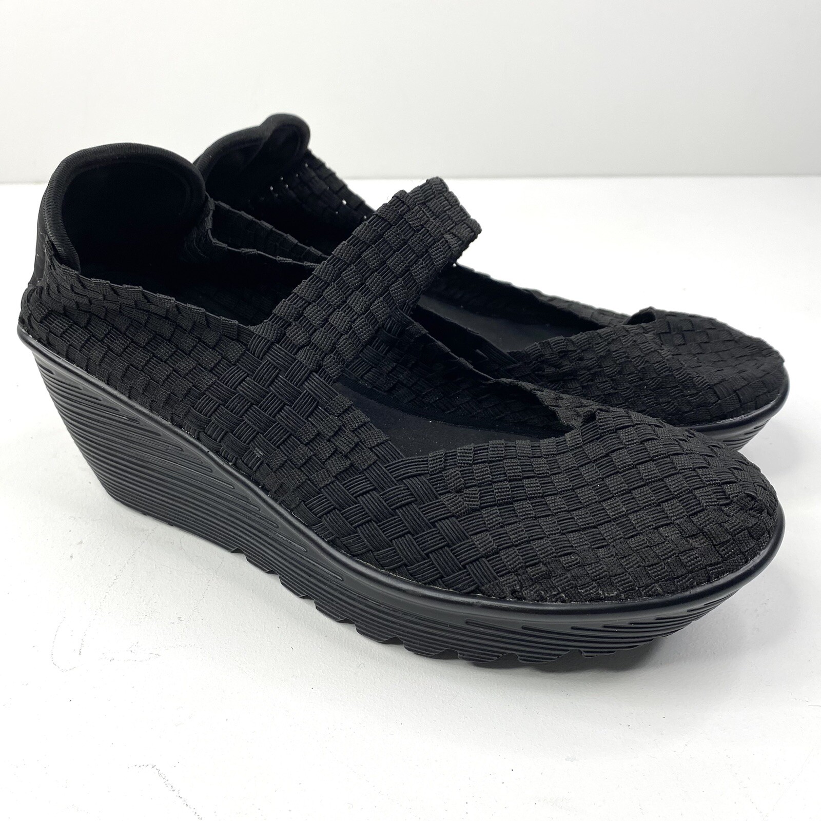 SKECHERS Womens Size 9 Weave Black Stretch Fabric Mary Jane Wedge Slip On  Shoes | eBay