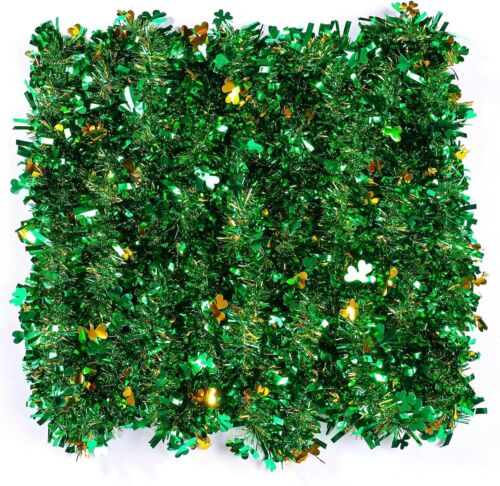 33ft St. Patrick's Day Tinsel Garland with Shamrock Confetti Green Gold Metallic - Picture 3 of 5