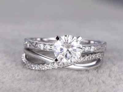 2 Ct Round Cut Real Moissanite Engagement Bridal Ring Set 14K White ...
