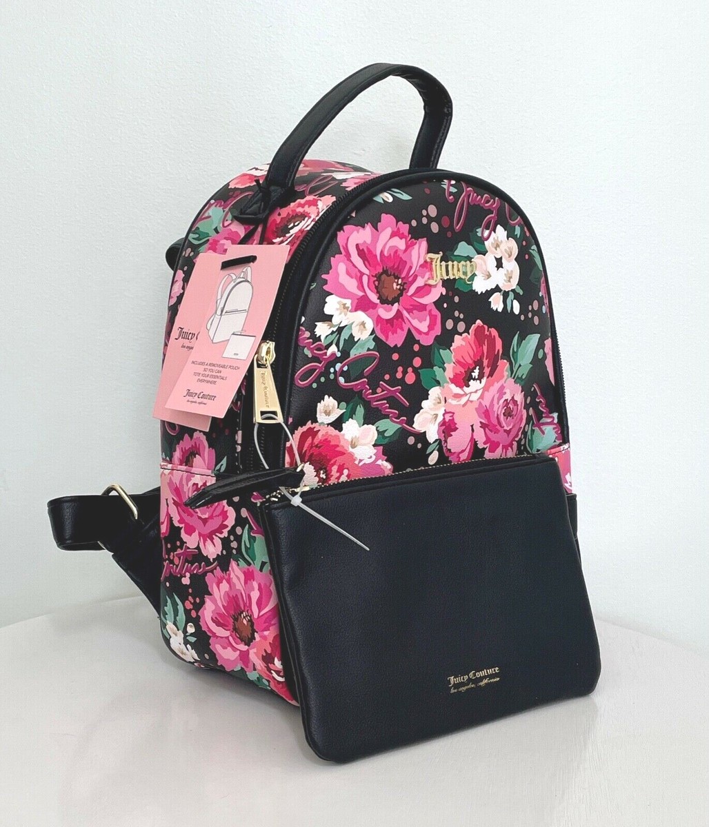 ☆Juicy By Juicy Couture Luxeadelicモコモコバックパック☆ JUICY COUTURE Backpack With Pouch ~ Black Pink Floral Purse