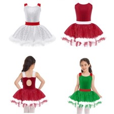 Girls Sleeveless Sequin Tutu Dress Figure Skating Dress Christmas Dance Costume