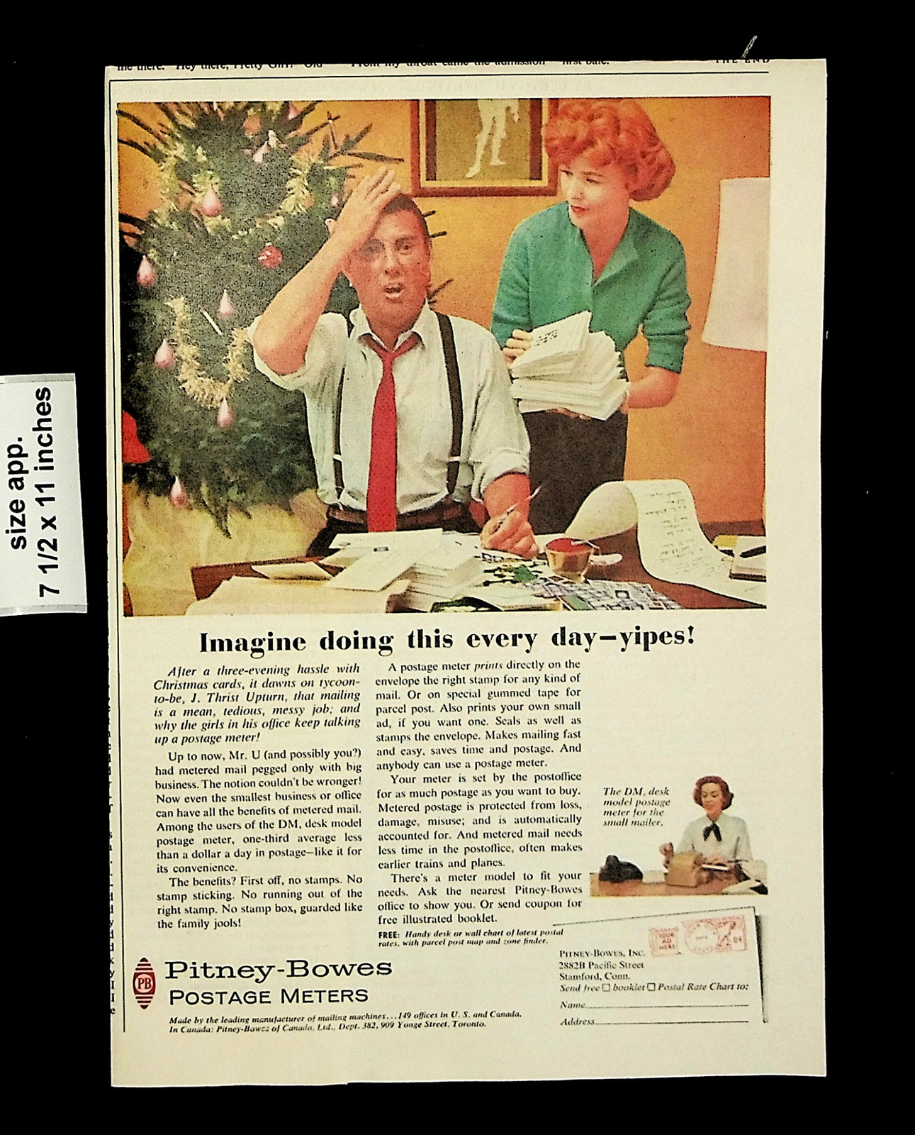 1961 Pitney-Bowes Postage Meters Christmas Tree Man Mad Vintage Print Ad 24352