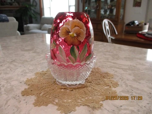 Fenton Hand Painted Pansy Flower Cranberry Fairy Lamp - Signed by Artist
