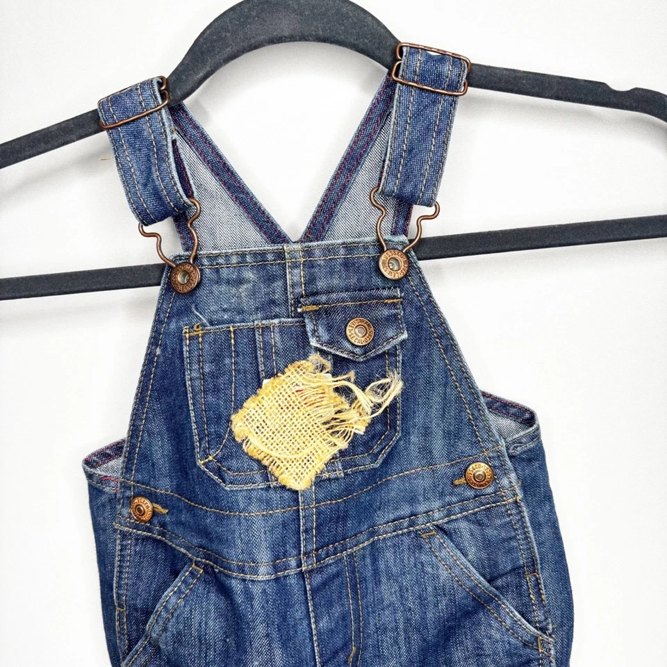 Levis Baby Denim Overalls 12M Blue Distressed Burlap Patches Shortall - Image 2 of 4