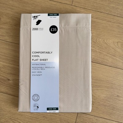 M&S bequem cool King Size flaches Laken neu mit Etikett beige 200 Fadenzahl leicht bügelbar