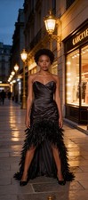 Black Satin Corset Evening Gown Full Ostrich Feather Skirt Maxi Dress Size S