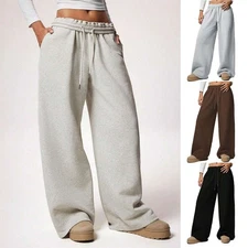 Women's Fleece Lined Wide Leg Sweatpants -Winter Causal Pants