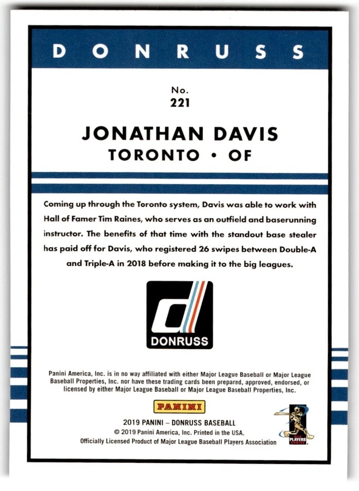 Jonathan Davis 2019 Donruss Rookie #221 Toronto Blue Jays - Image 2 of 2