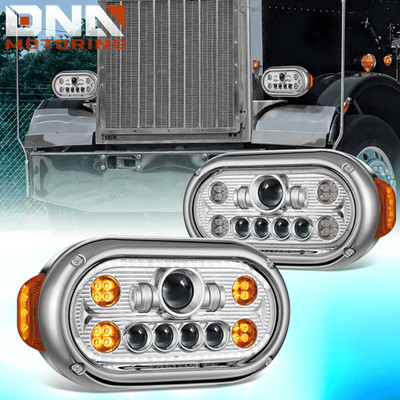 For 1967-1987 Peterbilt 359 Halo Ring LED Projector Headlights w/ Side Marker