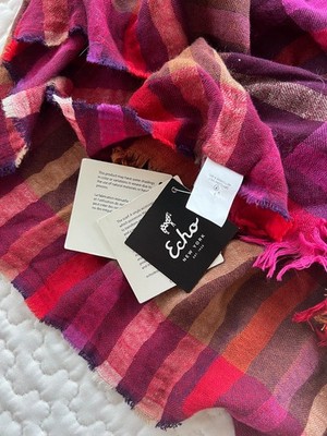 Echo New York Multicolor Plaid Scarf Fringe Wrap Shawl Pink Purple Red