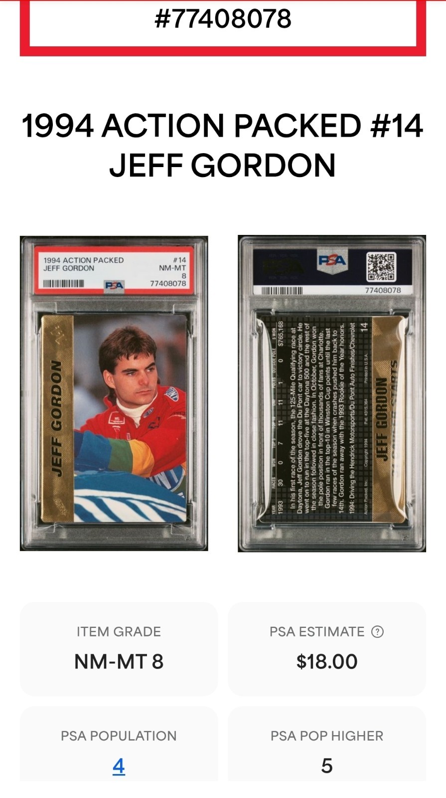 🏁 Jeff GORDON 1994 Action Packed #14 POP 4 🔥 PSA 8 Near Mint - Mint view 3