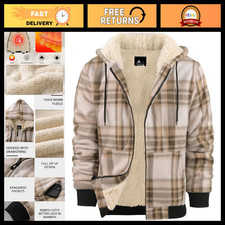 Heavy Thick Hoodies for Men, Plaid Flannel Sherpa Lined Zip Up Coat, Warm Jacket