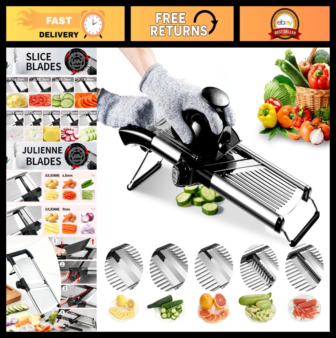 Adjustable Mandoline Food Slicer - Stainless Steel Vegetable Chopper & Julienne