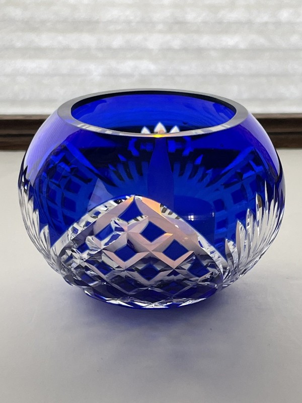 Vintage Cobalt Blue Cut-To-Clear Crystal Votive Candle Holder EXC