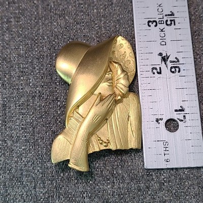 JJ Jonette Vintage Jewelry Brooch Pin Vogue Lady In Hat Matte Gold Tone Signed