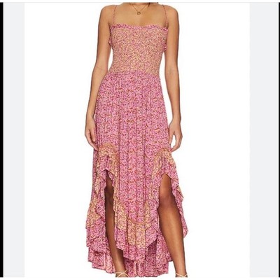 Free People One I Love Maxi Dress Women L Pink Floral Smocked Ruffle High Lo EUC