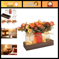 Mason Jar Centerpiece Decor with Lights, Wood Tray 3 Faux Flowers - Farmhouse