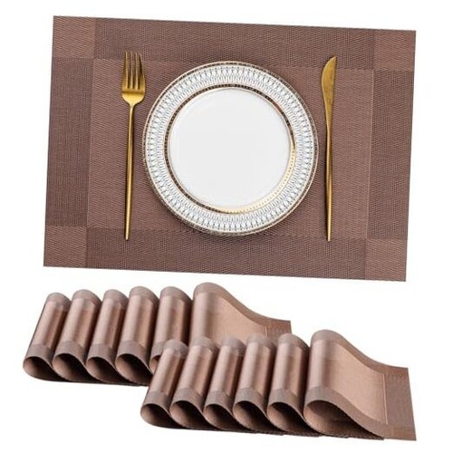 Placemats Washable Indoor/Outdoor Vinyl Place Mats for Set of 12 C-coffee/Black