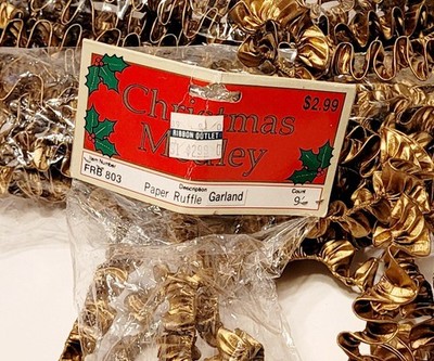 4 Vintage Christmas Medley Gold Paper Ruffle Garlands 9' Stiff 