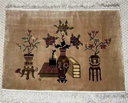 Vintage Art Deco Chinese Hand Woven Silk Peking Rug Carpet Fringed Oriental Vase - Picture 1 of 24