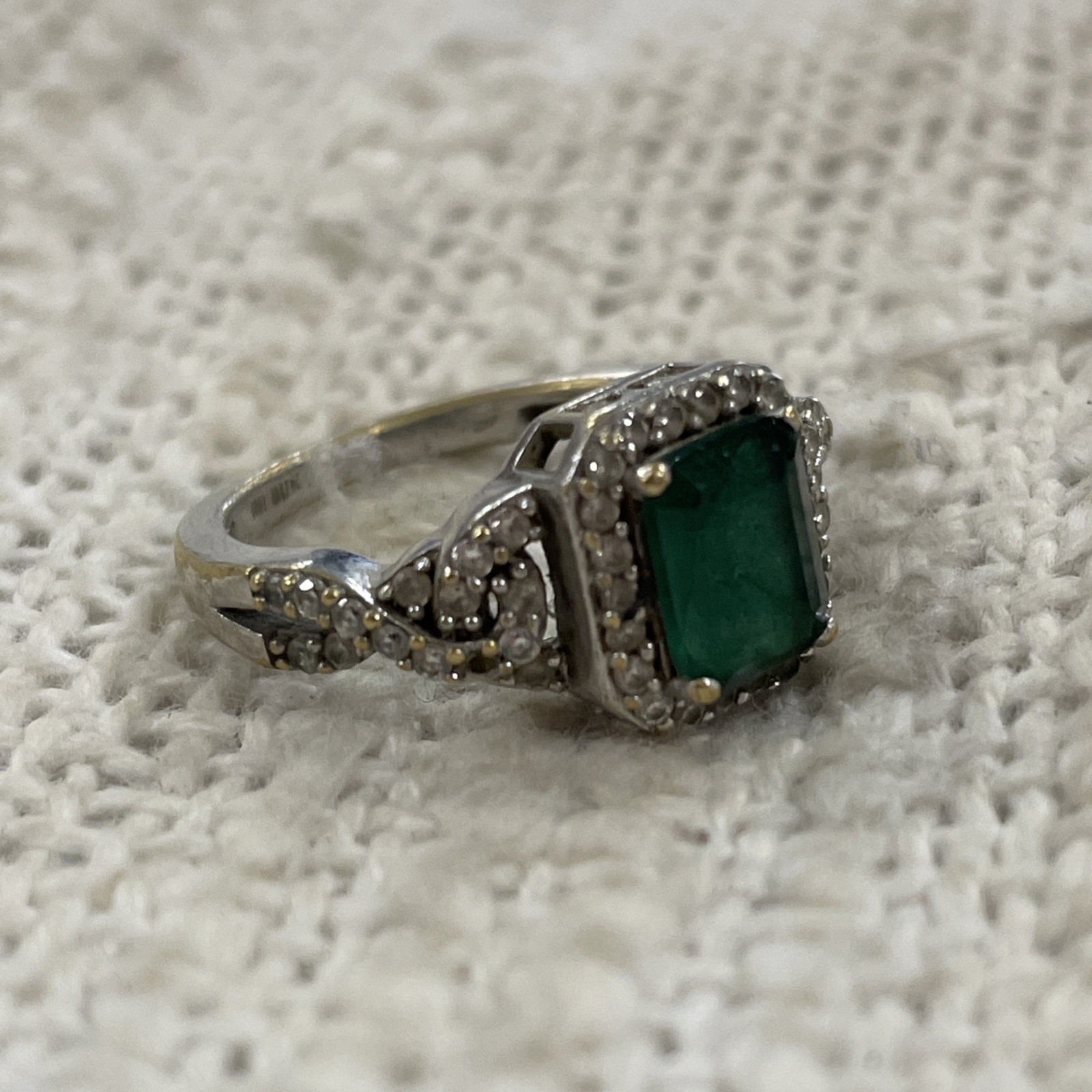 Sun Silver Toned Rectangular Green Gem Ring Size 7 - image 1