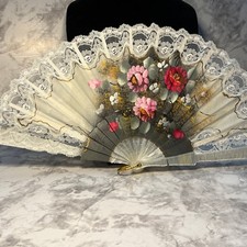 Vintage Spanish Hand Painted Floral Folding Fan with Lace Trim