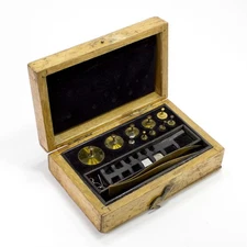 Antique Apothecary Brass Weight Set Schaar Tweezers White Oak Case