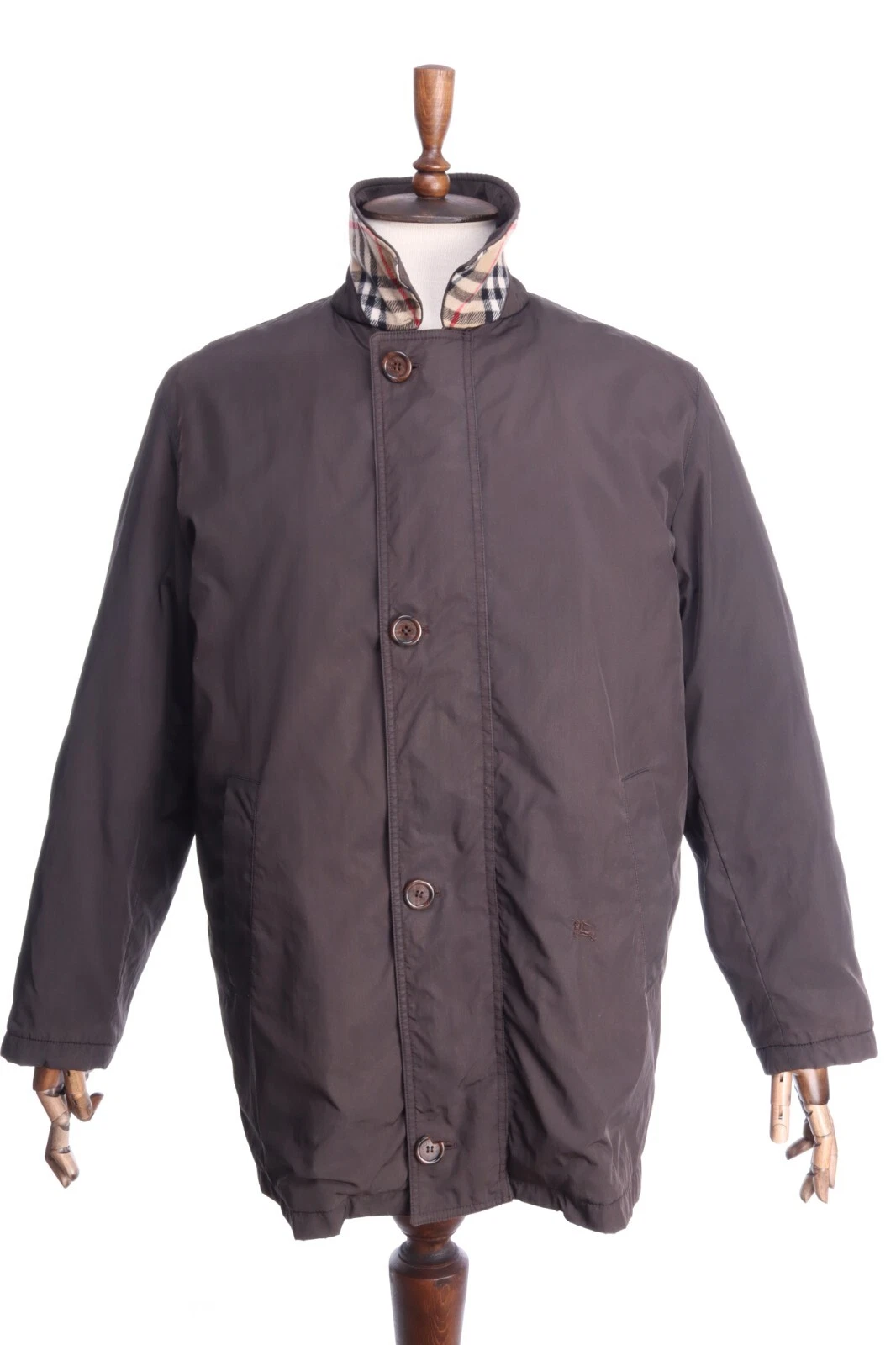 Cappotto vintage BURBERRYS marrone foderato in lana con dettagli a scacchi nuovi taglia 40 UK