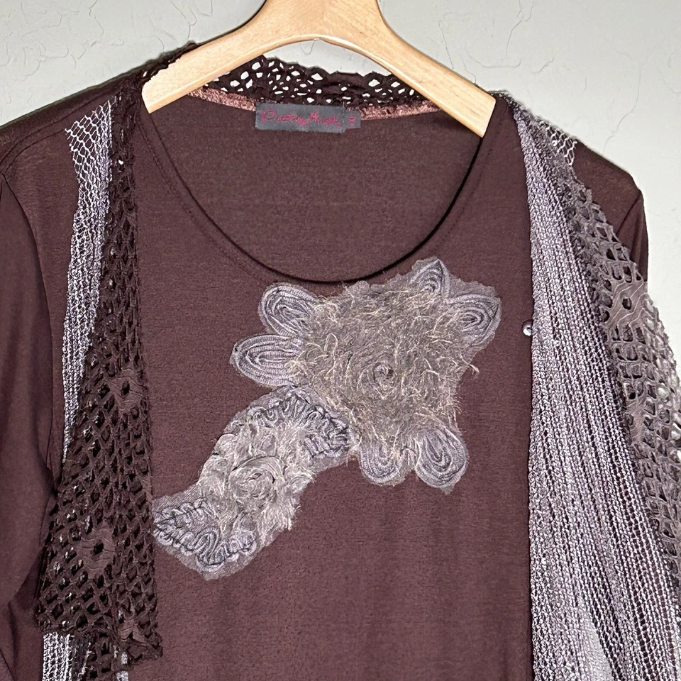 Túnica Pretty Angel XL marrom bainha assimétrica rede lantejoulas grunge fada cigana - Imagem 4 de 4