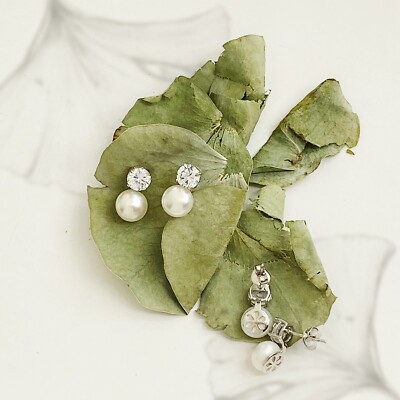Sterling Silver Earrings with 8mm White Freshwater Pearl and 6mm Clear CZ
