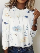 Fashion Women Floral Blue Flower Print Round Neck T-Shirt Casual Long Sleeve Top