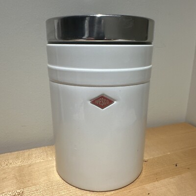 Vintage Wesco 2 Quart White Steel Canister Made in Germany 