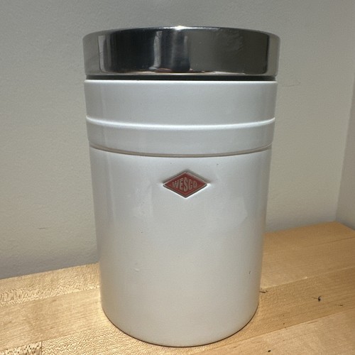 Vintage Wesco 2 Quart White Steel Canister Made in Germany