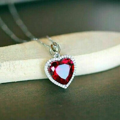 3 CT Heart Cut Lab-Created Ruby Love Heart Pendant Necklace 925 Sterling Silver