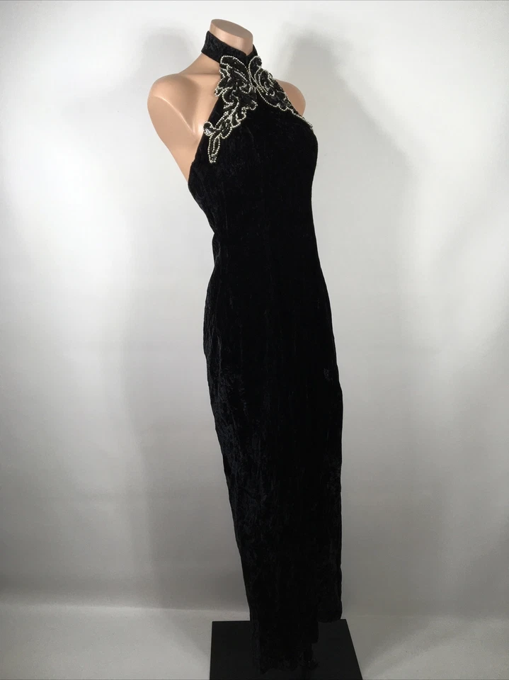 Sexy Vestido de Noche Halter Lentejuelas Terciopelo Aplastado Abertura Baile de graduación Vestido Negro De Colección Años 90 y2k Foto 4 de 4