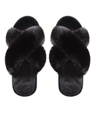 NWOT MeMoi Beverly Cozy Black Fur Criss Cross Open Toe Memory Foam Plush Slipper