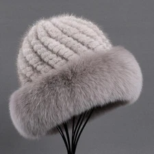 Women's Luxury Genuine Mink Hair Knitted Beanie Hat Fox Brim Winter Warm Cap