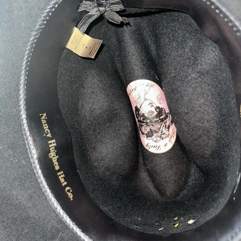 Nancy Hughes Hat Co Black Wool Satin Ribbon Bow Lazer Cut Size 7 Cowgirl Rodeo - Image 4 of 4