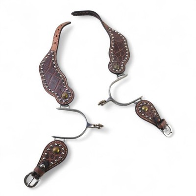 Vintage Western Show Spurs with Tooled Alligator Grain Leather Straps &...