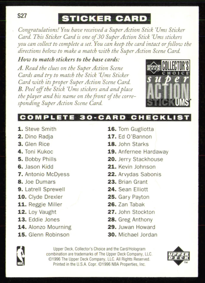 1996-97 Collector's Choice #S27 John Stockton Super Action Stick 'UmsJazz Card - Image 2 of 2