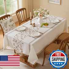 Laolitou Table Cloth Rectangle, Embroidery Heavy Duty Cotton Linen Tablecloth, F