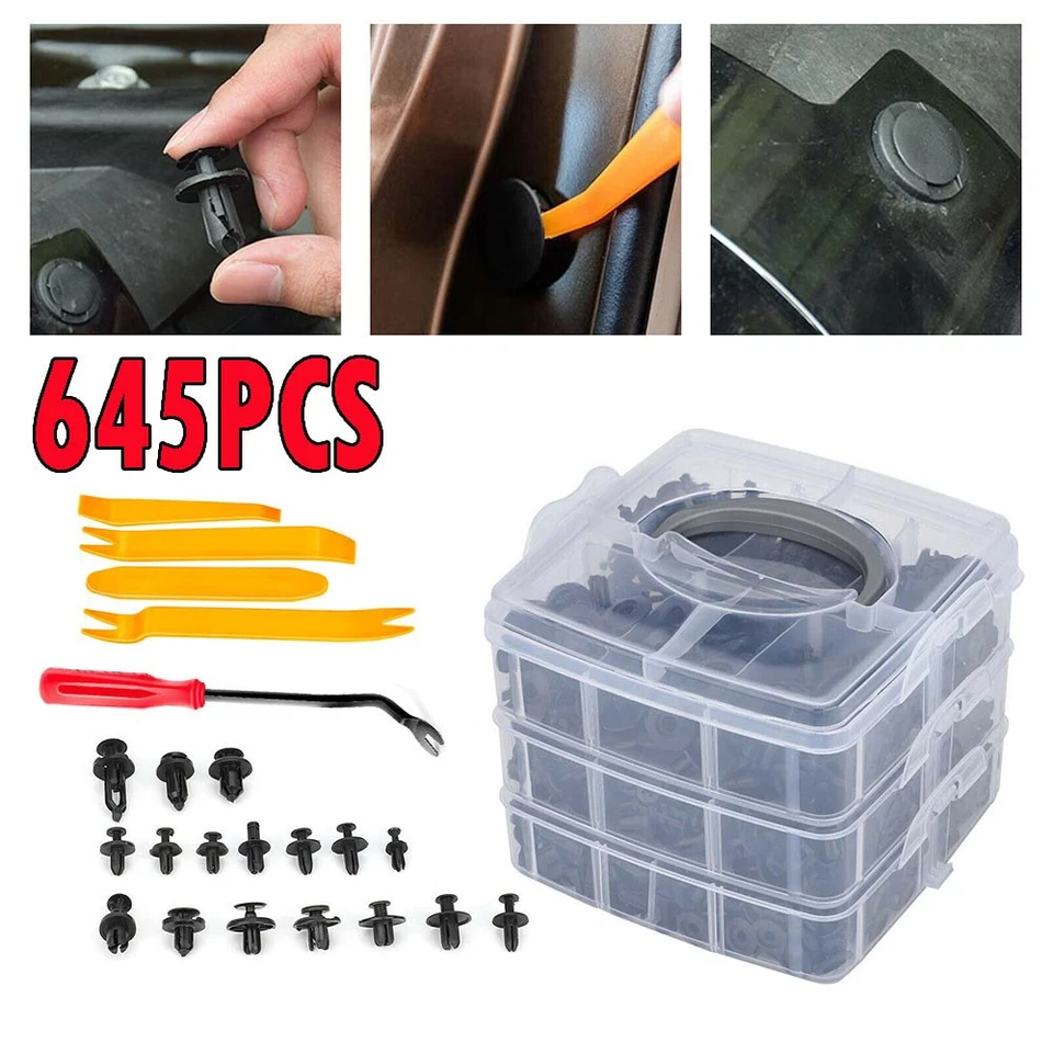 1/2 juego 650 piezas de sujetadores de plástico para carrocería de automóvil clips de ajuste de empuje pasador remache kit de parachoques D Foto 2 de 4