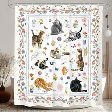 Floral Cat Shower Curtain 60x72 Boho Coloful Flower Vines Bathroom Decor  Cute